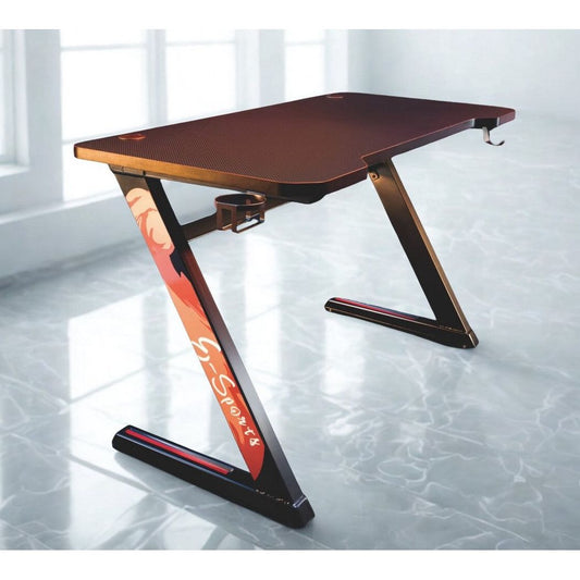 Het DealFixers Pro-Series Gaming Bureau Computerbureau heeft een Z-vormig ontwerp met een donker hoekig frame en rode accenten, plus een bekerhouder en stijlvol pootontwerp, dat opvalt op elke glimmende marmeren vloer voor grote ramen.