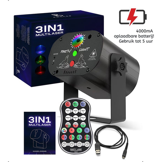 De Merkloos Disco Laser 3 in 1 Multilaser heeft een 4000mAh oplaadbare batterij, tot 5 uur gebruik, zwarte laserprojector, bedieningsknoppen, afstandsbediening, USB-oplaadkabel, handleiding & doos.