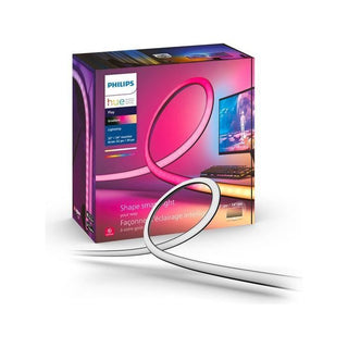 De detailverpakking van de Philips Hue Play RGB gradient lightstrip pc-monitor toont de flexibele LED-strip voor een pc-monitoropstelling, met levendige omringende verlichtingseffecten op de verpakking.