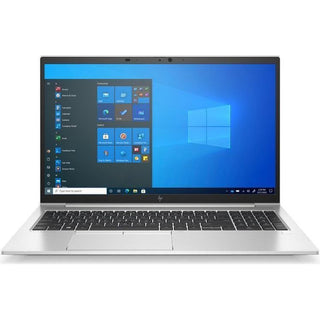 Een zilverkleurige HP EliteBook 850 G8 (15,6") business laptop toont het Windows 10 startscherm met geopende app iconen en Start menu, gezien vanaf de voorkant. Upgradebaar naar Windows 11 Pro voor verbeterde bedrijfsprestaties.