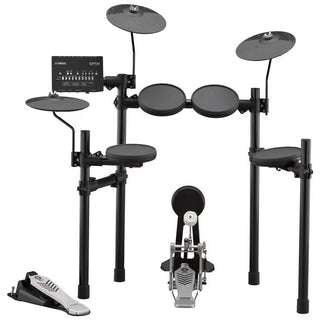 De Yamaha DTX432K Elektronisch Drumstel is een zwarte kit met 3 drumpads, 3 bekkenpads, kick- en hi-hatpedalen, plus bedieningsmodule op een metalen frame - ideaal voor de beginnende drummer.