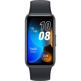 De Huawei Band 8 - Activiteitstracker (Zwart) met 1,47" scherm toont tijd, datum, 7645 stappen en 328 kcal op een kleurrijk display-ideaal voor je gezondheid & fitness doelen.