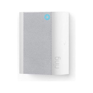 De Ring Chime Deurbelgong - Wit by RING is een wit en grijs rechthoekig apparaat met een voorkant van gaas, een blauwe LED-ring en "Ring" verticaal gedrukt op de zijkant.