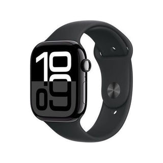 De APPLE Watch Series 10 | 46mm GPS in het zwart heeft een rechthoekig display met grote witte digitale cijfers om 10:09, een zwarte siliconen band en geavanceerde gezondheidsfuncties.