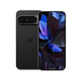 De Google Pixel 9 Pro 128GB - 5G Obsidian van Google wordt getoond aan de voor- en achterkant, met een horizontale camerabalk met drie AI-lenzen aan de achterkant en een levendige paarsblauwe abstracte achtergrond op het display.