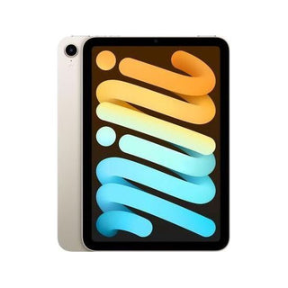 De APPLE iPad Mini 6th Gen (256 GB, wit) heeft een lichte achterkant, zwarte rand, levendig Liquid Retina-display met een kleurrijk golvend patroon en een camera aan de achterkant die is ontworpen voor levendige helderheid en stijl.