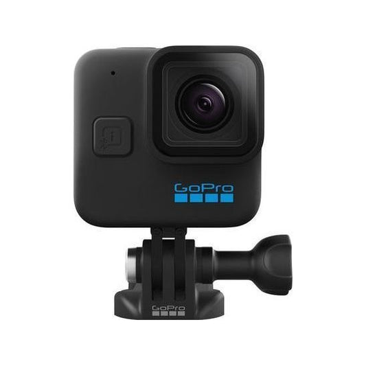 De GoPro HERO11 Black Mini van GoPro is een compacte zwarte actiecamera gemonteerd op een voet. De camera is frontaal gericht met de lens rechts en het blauwe GoPro logo eronder. Hij neemt verbluffende 5,3K video op en biedt geavanceerde HyperSmooth 5.0 stabilisatie.