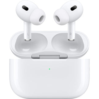 Een paar APPLE AirPods Pro 2 - met MagSafe Oplaaddoos (Lightning) in wit rust in hun open oplaaddoos, voorzien van L- en R-labels en een groen indicatielampje, klaar voor superieur geluid en actieve ruisonderdrukking.