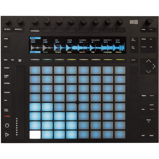 De ABLETON Ableton Push 2 controller voor Live is een zwarte MIDI-controller met blauw verlichte pads, draaiknoppen, knoppen aan de zijkant en een digitaal display - ideaal voor elke EDM-producer.