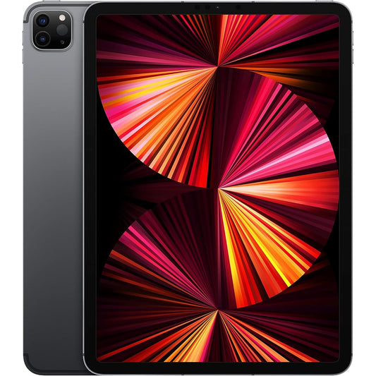 Een Space Gray Apple iPad Pro 11-inch Wi-Fi + Cellular (2TB, 3rd Gen) wordt getoond met een levendig Retina-display met wervelende rode, oranje, gele, paarse en roze lijnen. De camera aan de achterkant bevindt zich linksboven. Aangedreven door de M1-chip.