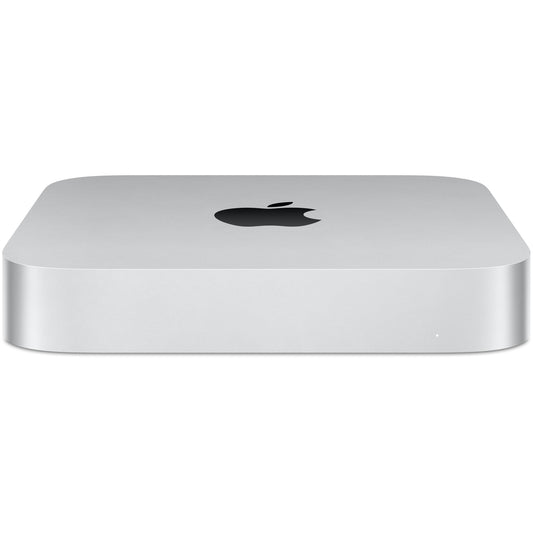 Een zilverkleurige Apple Mac Mini 2023-desktop is voorzien van een 8-core M2-chip, een 10-core GPU, 8 GB RAM en een SSD van 256 GB, en heeft het iconische Apple logo bovenop.