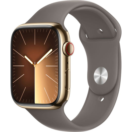 De APPLE Apple Watch Series 9 - S9 GPS+CELL 45mm Gold heeft een rechthoekige gouden behuizing, een bruin-goudkleurig display met een minimaal analoog klokje, een grijs siliconen bandje en handige gezondheidsfeatures zoals de Apple Watch Series 9.