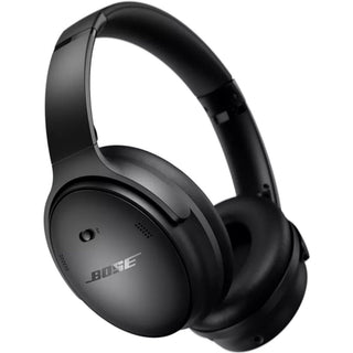 De BOSE QuietComfort SC Hoofdtelefoon Zwart van Bose is een zwarte draadloze hoofdtelefoon voor over de oren met luxe oorkussens en een verstelbare hoofdband, weergegeven op een witte achtergrond.
