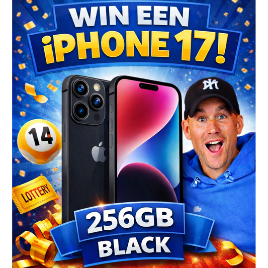 Kleurrijke promo voor Deelname Ticket Verloting door DealFixers: een zwarte Apple iPhone 17 (256GB), loterijbal #14, gouden confetti, een lachend persoon in blauwe hoodie en pet. "WIN EEN iPHONE 17!" bovenaan.