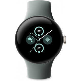 De GOOGLE Pixel Watch 2 - Goud - GPS is een moderne smartwatch met een rond zwart display en grijze band, met activiteitsstatistieken zoals hartslag en temperatuur, gezondheidsfuncties en minimalistische digitale en analoge wijzers op de interface.