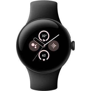 De GOOGLE Pixel Watch 2 - Zwart - Met GPS heeft een strak zwart ontwerp met een rond display dat de temperatuur (32°C), stappen, hartslagmeting (62) en activiteitspictogrammen laat zien op een minimalistische zwarte interface met roze en witte accenten.