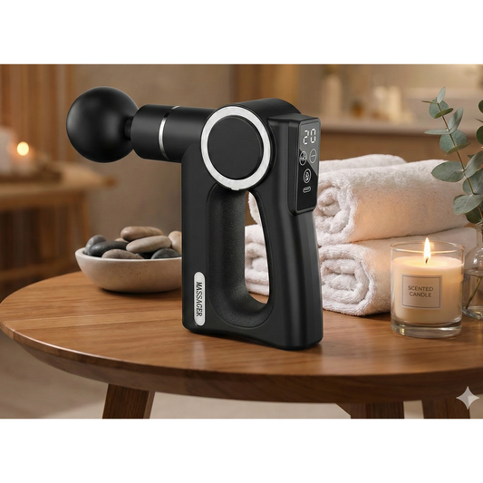 De DealFixers Massagepistool PRO - Samengesteld door MSc. Fysio rust uit op een tafel met opgerolde handdoeken, een brandende kaars en massagestenen, waardoor een rustgevende spa-sfeer ontstaat die ideaal is voor vibrerende massage.