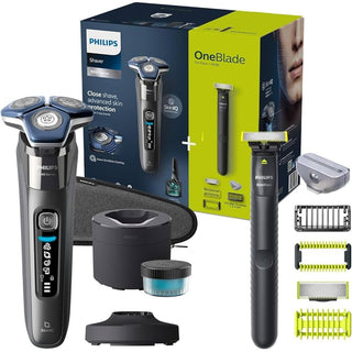 Philips Series 7000 Shaver & OneBlade (S7886/78) elektrische scheerset voor mannen met flexibele scheerhoofden, trimmer, oplaadbasis, reinigingsborstel en opzetstukken wordt getoond voor de productdoos van Philips.
