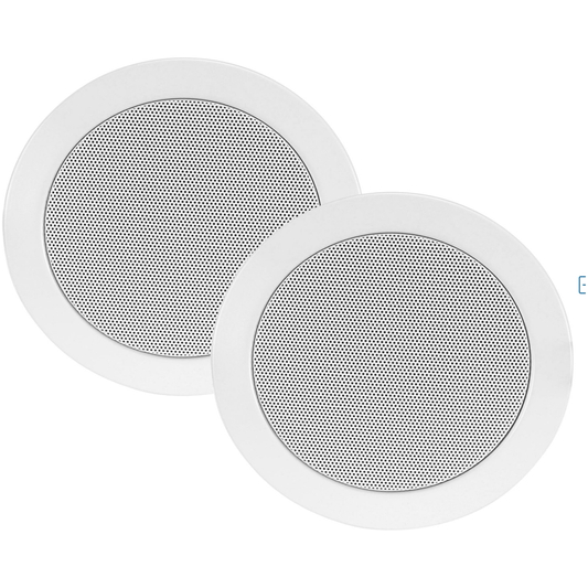 Twee ronde DealFixers 2x Badkamer Speaker Plafond - Stereoset (100W Kevlar Premium Cone) inbouw plafond speakers met geperforeerde metalen grills, overlappend op een witte achtergrond-ideale waterdichte speakers voor je badkamer.