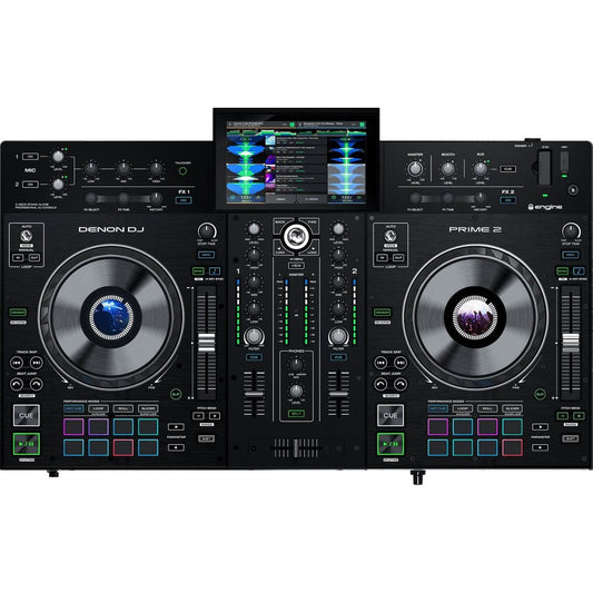 De Denon DJ PRIME 2 - Standalone DJ Controller van Denon heeft twee grote jog-wielen, meerdere knoppen, knoppen en faders, plus een centraal touchscreen met ENGINE OS voor soepel bladeren door je bibliotheek en weergave van golfvormen.