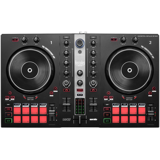 Een bovenaanzicht van de HERCULES DJ Control Inpulse 300 MK2, een USB DJ-controller met 2 decks, 16 pads, grote jogwielen, meerdere knoppen en faders en een centraal mixer-gedeelte.
