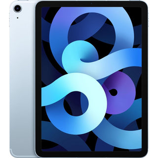 Een blauwe gereviseerde APPLE iPad Air 10,9" (2020) 4e generatie, 256 GB WiFi-model, toont een levendige abstracte blauwe en paarse werveling op het scherm.