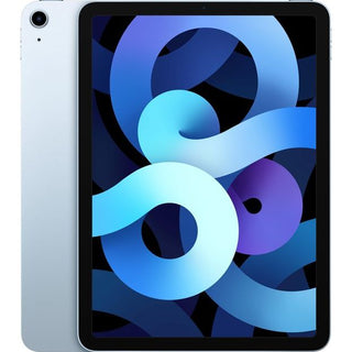 De APPLE iPad Air (2020) Wi-Fi + Cellular 64GB in Blauw heeft een levendige abstracte blauwe en paarse spiraal op het 10,9-inch Liquid Retina-display, dat zowel van voren als van achteren wordt getoond om de slanke metallic afwerking te benadrukken.