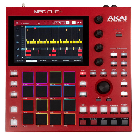 De akai MPC One+ - Standalone Music Production Station in rood heeft een groot display, 16 RGB pads, meerdere knoppen en toetsen en geeft een beatsequence weer - ideaal voor creatieve en krachtige muziekproductie.