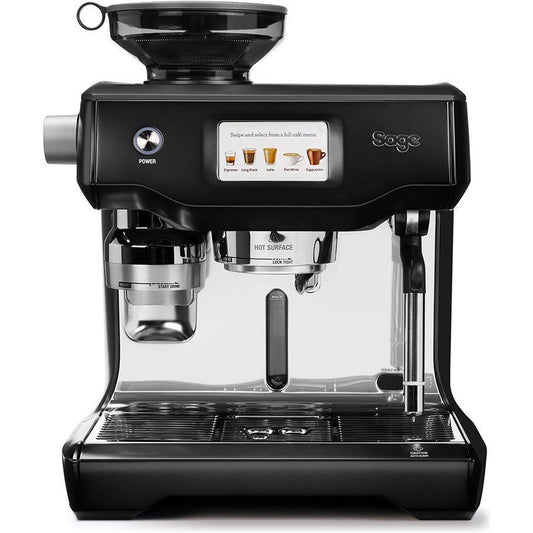 De Sage the Oracle Touch Black Steel Espressomachine (MAT ZWART) van SAGE heeft een touchscreen display voor het selecteren van drankjes, bedieningsknoppen, een bovenbonenmaler en een koffieuitloop boven een roestvrijstalen lekbak voor koffie uit de derde golf.