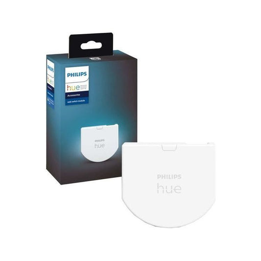 Een Philips Hue-wandschakelaarmodule wordt getoond naast de voornamelijk donkerblauwe verpakking met branding en details. De module integreert probleemloos met de Hue Bridge en kan worden bediend met de Hue-app.