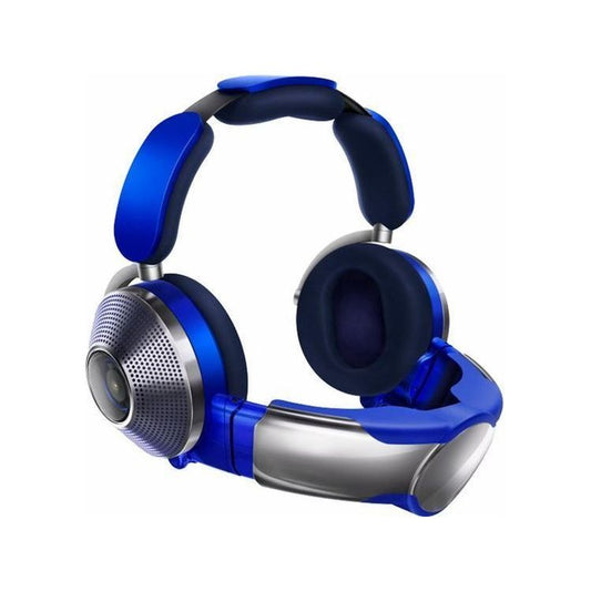 De DYSON Zone Hoofdtelefoon Absolute+ (Blauw) heeft gewatteerde oorschelpen en hoofdband, een modern metallic blauw en zilver design, prominente speakerroosters en indrukwekkende ruisonderdrukking geïnspireerd op de originele Dyson Zone hoofdtelefoon.