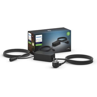 De Philips Hue voedingskabel voor buiten - 40W van Philips wordt getoond met aangehechte kabels en stekker, ideaal voor slimme buitenverlichting, samen met de productverpakkingsdoos.