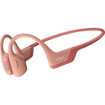 DealFixers Shokz OpenRun Pro is een roze beengeleiding sporthoofdtelefoon met open oor ontwerp en flexibele band die de oordoppen verbindt.