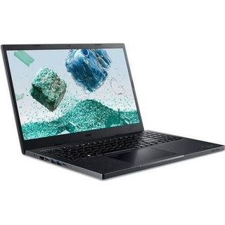 De ACER Aspire AV15-52-57LY 15,6" laptop met Intel® Core i5 is afgebeeld in zwart vanuit een hoek aan de linkerkant, met abstracte groene en blauwe zwevende vormen op een lichte achtergrond op het scherm.