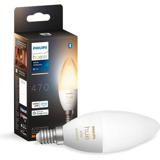 Een Philips HUE White Ambiance Losse Kaarslamp E14 en de verpakking, met Bluetooth bediening en ondersteuning voor Alexa- en Google Home. Op de doos staat 470 lumen en E14. Merk: Philips.