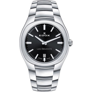 De Edox Les Bémonts 57004-3-NIN Swiss Made dameshorloge heeft een zilverkleurige 30mm kast, zwarte wijzerplaat met zilverkleurige uurmarkeringen, datumvenster op 6 uur, quartz uurwerk, roestvrijstalen band en een minimalistisch ontwerp.
