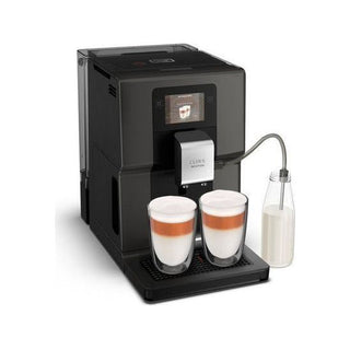 De zwarte KRUPS Intuition Preference EA872B Espressomachine heeft een digitaal display en verdeelt gelaagde cappuccino in twee glazen, met behulp van een melkcontainer met slang voor gepersonaliseerde koffierecepten.