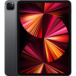 De Apple iPad Pro (2021) 11-inch WiFi 128 GB in Space Gray heeft een levendige abstracte uitbarsting op het Retina-display en een krachtige M1-chip, waarbij een andere tablet de nadruk legt op de camera aan de achterkant.