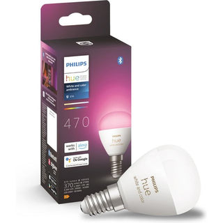 Een Philips Hue kogellamp van Philips wordt naast de doos getoond, met de nadruk op slimme verlichting, compatibiliteit met Alexa en Google Assistant en een roze gloed.