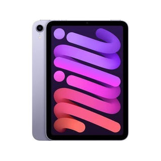 De Apple iPad Mini 6th Gen (256 GB, Paars) van APPLE heeft een gestroomlijnde zwarte voorkant, een levendig Liquid Retina-display met abstracte achtergrond, een lichtgrijze achterkant, één camera aan de achterkant en een snelle A15 Bionic-chip.