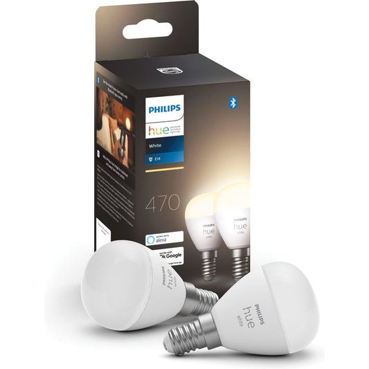 Twee Philips Hue Kogellamp Lichtbron E14 Duopack - zachtwit lichtlampen van Philips zijn afgebeeld voor hun zwarte doos met productinformatie en stemassistent-compatibiliteit-perfect voor slimme verlichting in elke ruimte.