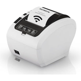 Een MUNBYN Thermische Bonprinter 80mm - WiFi & USB + Ethernet Bonprinter staat op een plat oppervlak, heeft een witte behuizing, zwarte knoppen met pictogramlabels aan de bovenkant, een papierrolsleuf van 80mm en draadloze connectiviteit die wordt aangegeven door een Wi-Fi-symbool.