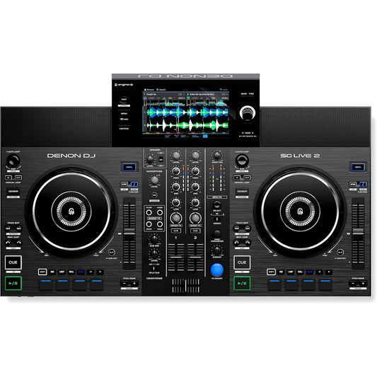 De Denon DJ SC LIVE 2 is een zwarte, 2-kanaals standalone DJ-controller met dubbele jogwielen, prestatiebediening en een centraal touchscreen dat golfvormen en trackinformatie weergeeft. Compatibel met de beste streamingdiensten.