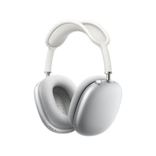 De APPLE AirPods Max - Apple Lightning (Zilver) zijn zilverkleurige draadloze hoofdtelefoons voor over de oren met een witte gewatteerde hoofdband en grote oorschelpen voor hifi-geluid, afgebeeld tegen een effen witte achtergrond.