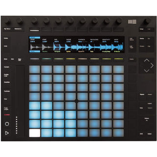 De ABLETON Ableton Push 2 controller voor Live is een zwarte MIDI-controller met blauw verlichte pads, draaiknoppen, knoppen aan de zijkant en een digitaal display - ideaal voor elke EDM-producer.