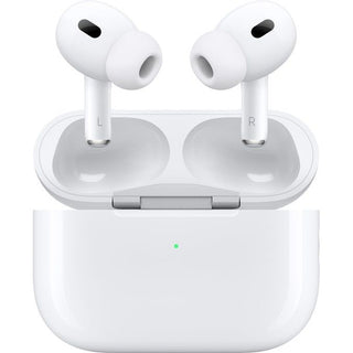 Een paar witte APPLE AirPods Pro 2 - met MagSafe oplaaddoos (USB-C) met L- en R-labels rust in een open oplaaddoos met een groene indicator, voorzien van actieve ruisonderdrukking.