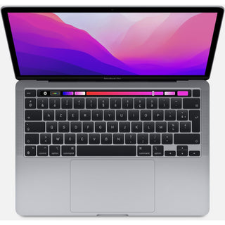De Apple MacBook Pro 13,3-inch M2 Chip 1TB SSD in Space Gray heeft een Frans AZERTY-toetsenbord, Touch Bar, 24 GB geheugen en een roze en paars verloop op het scherm.