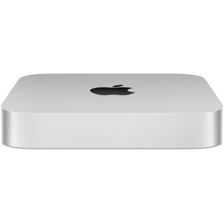 Een zilverkleurige Apple Mac Mini 2023-desktop is voorzien van een 8-core M2-chip, een 10-core GPU, 8 GB RAM en een SSD van 256 GB, en heeft het iconische Apple logo bovenop.