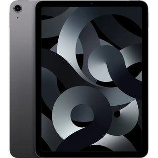 De APPLE iPad Air 5th gen. 10,9-inch WiFi 64GB in Spacegrey wordt getoond aan de voor- en achterkant, met een Liquid Retina-display met een zwart en grijs abstract wervelpatroon op het scherm.
