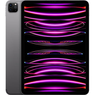 De APPLE iPad Pro (2022) 12,9-inch WiFi 256GB Spacegrijs (6e generatie) wordt getoond aan de voor- en achterkant, met een zwart scherm met levendige roze, paarse en oranje ringen en lijnen op een donkere achtergrond. Aangedreven door de M2-chip.
